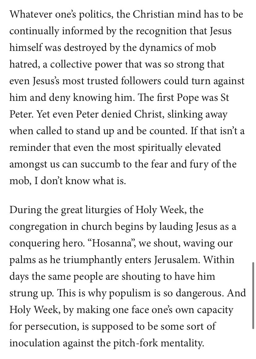 I think this is why the bishops’ joint attack on Cummings surprised and dismayed me: it struck at some deepseated fear of the church empowering the mob. and these two paragraphs by  @giles_fraser are pitch-perfect.