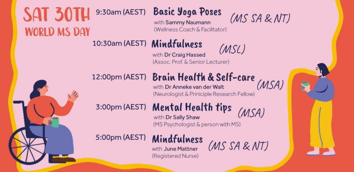 MS Australia (@ms_australia) on Twitter photo REMINDER:- Full day of virtual events tomorrow across Aus for <a href="/WorldMSDay/">World MS Day</a>! Includes 2 FB Lives; 12pm AEST: Neuro Dr <a href="/anneke_vdw/">AnnekeVdWalt</a> on Brain Health & #selfcare" & 3pm AEST: Psychologist Dr Sally Shaw with "#MentalHealth Tips."
Program: bit.ly/36Ef1Q9
#MS #multiplesclerosis REMINDER:- Full day of virtual events tomorrow across Aus for <a href="/WorldMSDay/">World MS Day</a>! Includes 2 FB Lives; 12pm AEST: Neuro Dr <a href="/anneke_vdw/">AnnekeVdWalt</a> on Brain Health & #selfcare" & 3pm AEST: Psychologist Dr Sally Shaw with "#MentalHealth Tips."
Program: bit.ly/36Ef1Q9
#MS #multiplesclerosis