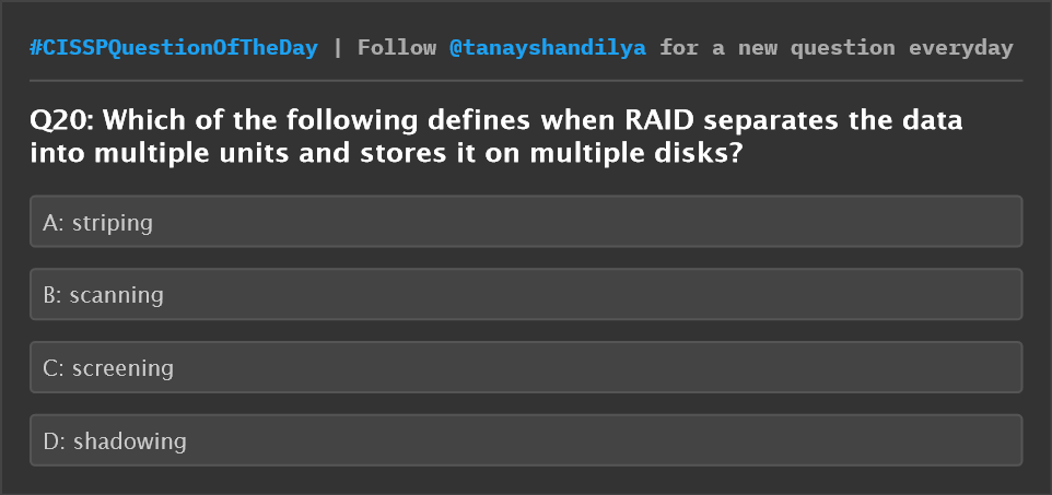 tanayshandilya's tweet image. CISSP Question of the day
#CISSPQuestionOfTheDay #cissp #cisspprep #cisspexam #cisspcertification #cybersecurity #informationsecurity #womenintech #crisccertification #isaca #comptia #assetmanagement #fintech #maintenance #encryption