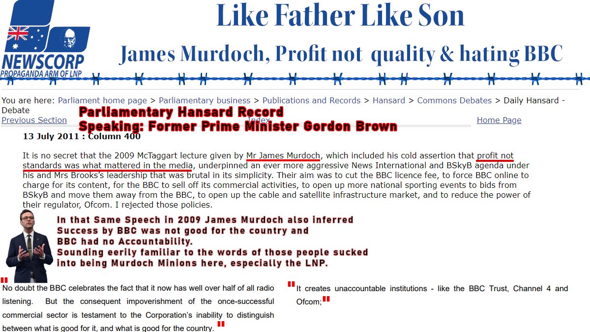 13. The GFC gave the UK a double dip recession, Labor lost the election. In farewelling parliament Gordon spoke of James Murdochs McTaggart lecture, where James denounced the BBC & made clear he considered ‘𝐏𝐫𝐨𝐟𝐢𝐭𝐬 𝐧𝐨𝐭 𝐒𝐭𝐚𝐧𝐝𝐚𝐫𝐝𝐬' is what mattered in the Media