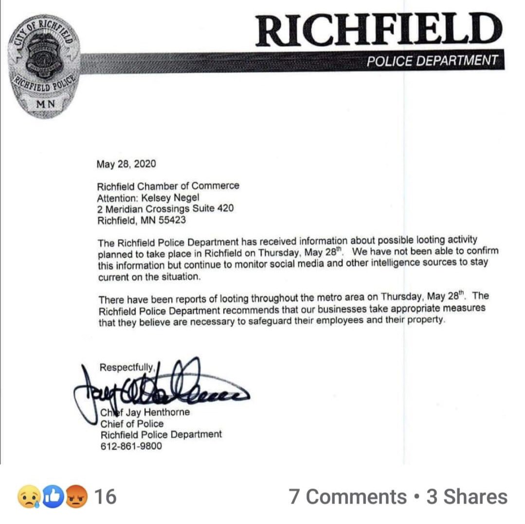 amagdalyn's tweet photo. @RichfieldPD What does it say about your priorities that you warned businesses about potential looting but have made zero statements to the PEOPLE of Richfield today? https://t.co/WRuH0pw8QM