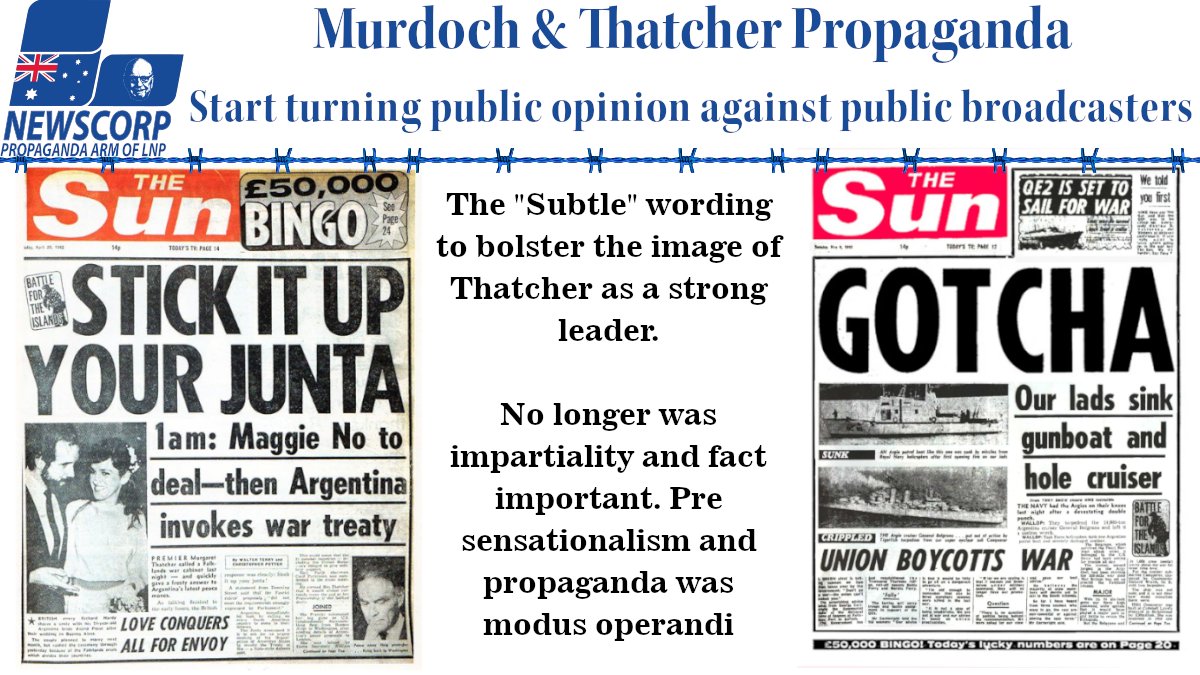 25. based on the BBC being un-British and a danger to democracy, Thatcher joined in, putting a message to the whole country asking the British to Protest against the BBC being un-British and a danger to democracy. Supported by Murdochs propaganda with front pages like these.