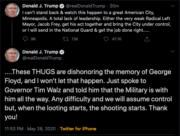 as a country has historically caused within the African-American community.The tweets found below constitute the reaction of the president of the United States to all of this wreckage and devastation. And that reaction is as predictable as it is nausea-inducing.