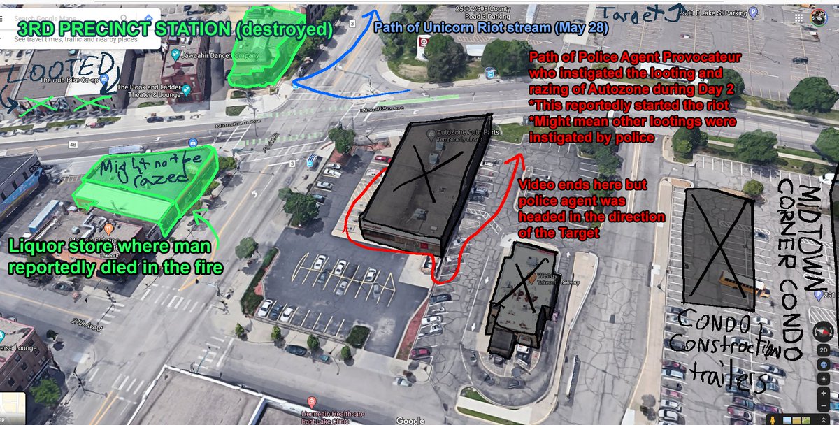 Mapping the epicentre of the  #MinneapolisRiot Bright green: destroyed tonightBlack: destroyed last nightRed: Escape path of the *subtle* police agent who smashed the windows at the Autozone early on when it was a peaceful protest on the intersection in front of 3rd Precinct