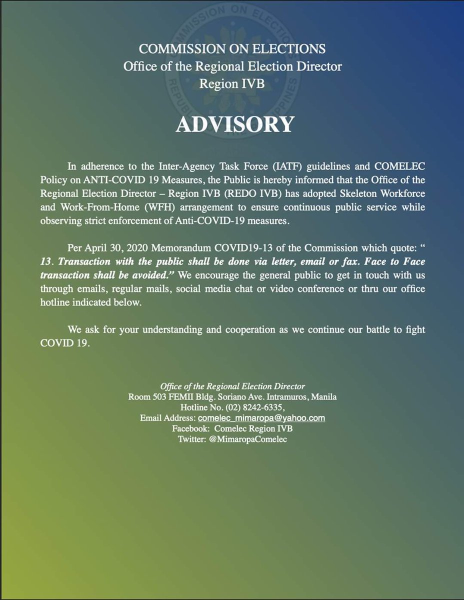 MimaropaComelec's tweet image. COMELEC MIMAROPA PUBLIC ADVISORY