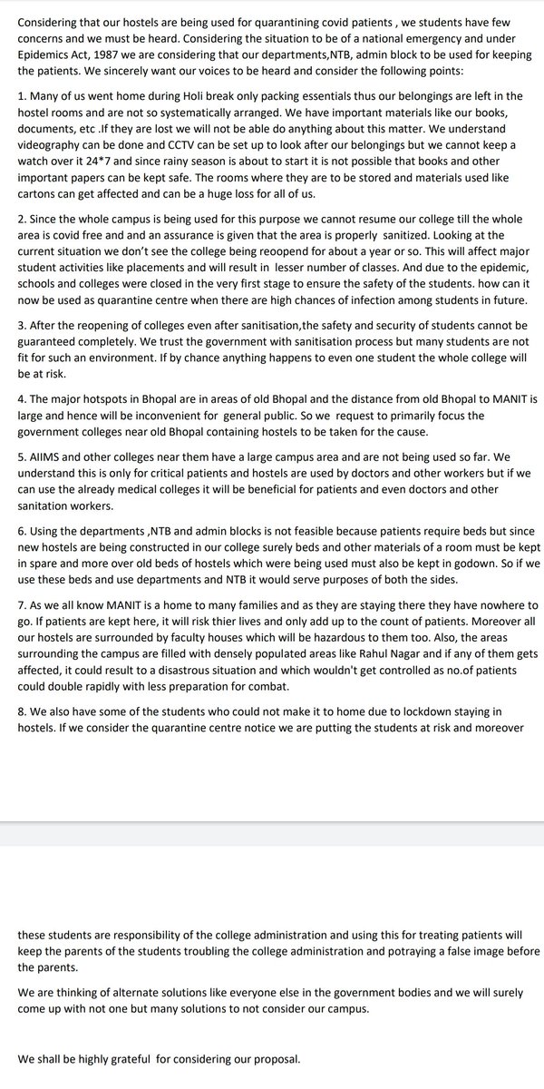 gargaakar's tweet photo. The whole campus of NIT Bhopal is decided to be converted into quarantine shelters. As they are starting with the hostels we have some following concerns.
#SpareOurHostels 
#NITBhopalquarantined
@HRDMinistry
@manitbpl
@ZeeNews @DainikBhaskar @CNNnews18 
@CollectorBhopal https://t.co/okl5qCXX9w