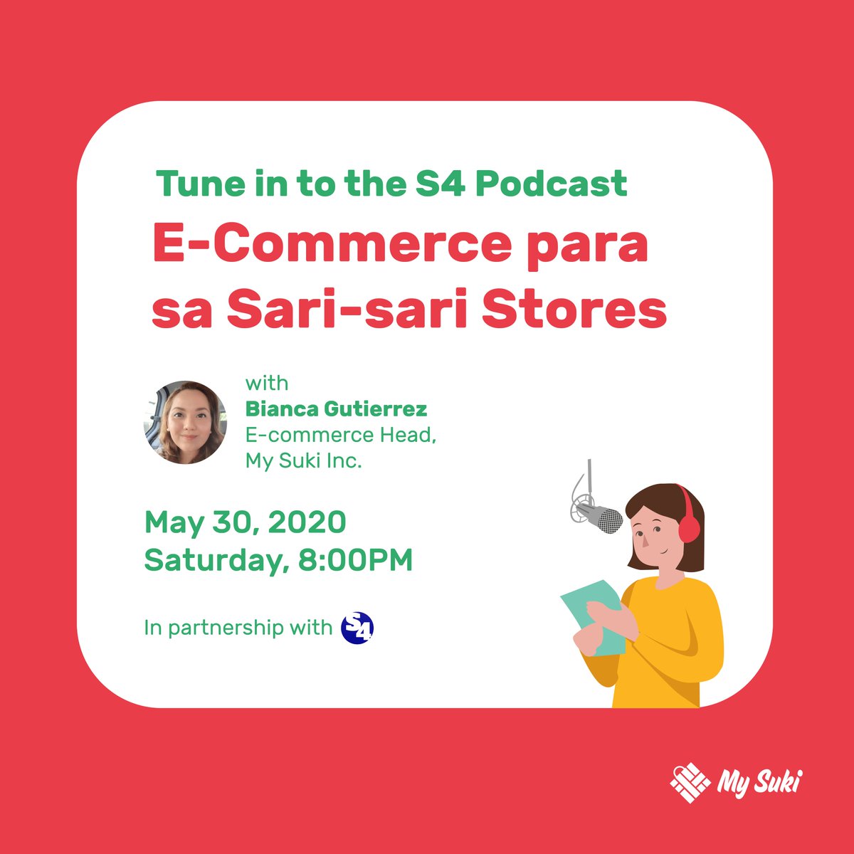 MySukiApp's tweet photo. Inviting all our Sukis and Sari-sari store owners to the Sari Sari Store Sentral Podcast this Saturday, May 30 at 8pm, with My Suki’s very own E-commerce Head, Ms. Bianca Gutierrez. We will be seeing you all there!
FB: https://t.co/vsGpHkzm3W
YT: https://t.co/s0DF4KPDrL https://t.co/zYbiuqBRjr