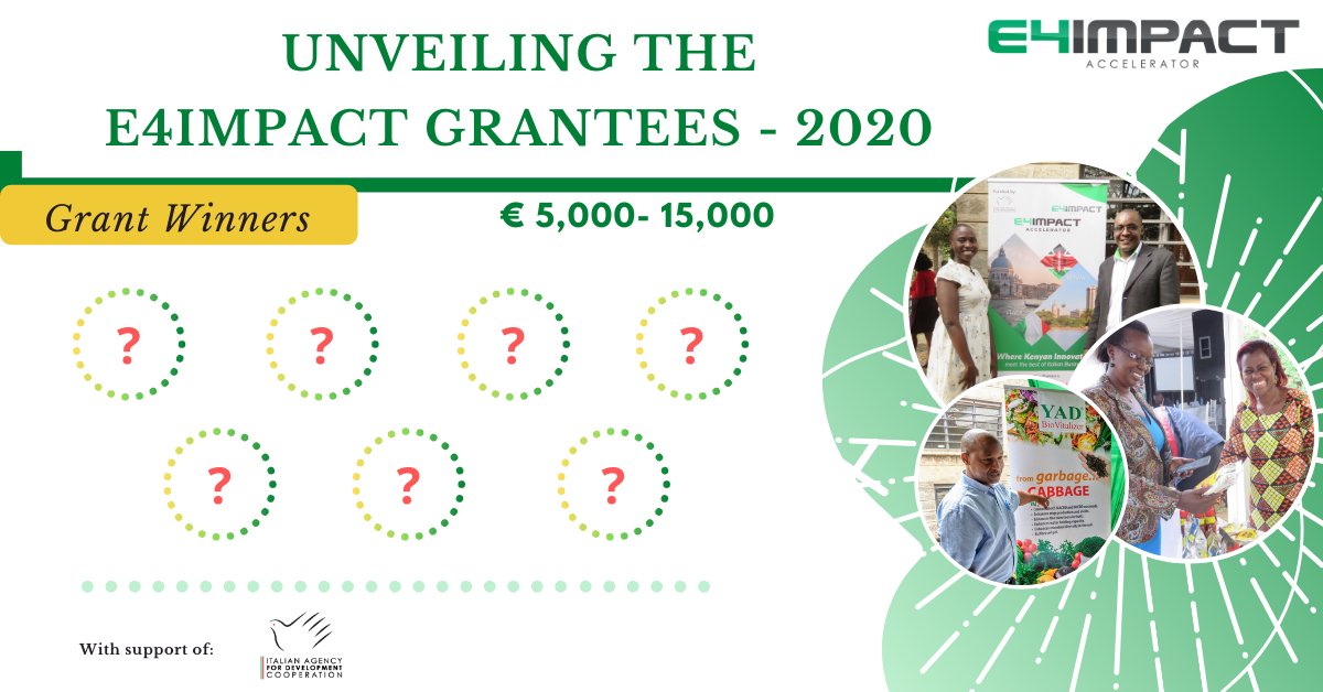E4ImpactAfrica's tweet photo. 🏁The D-day is finally here! ⏰In a few hours, the team is excited to announce the E4Impact Grantees 2020 who will win cash grants worth 💸 5,000 - 15000 Euros to support their business growth & scale their impact. Stay tuned... #E4IPitching https://t.co/NdEuVjUFBD