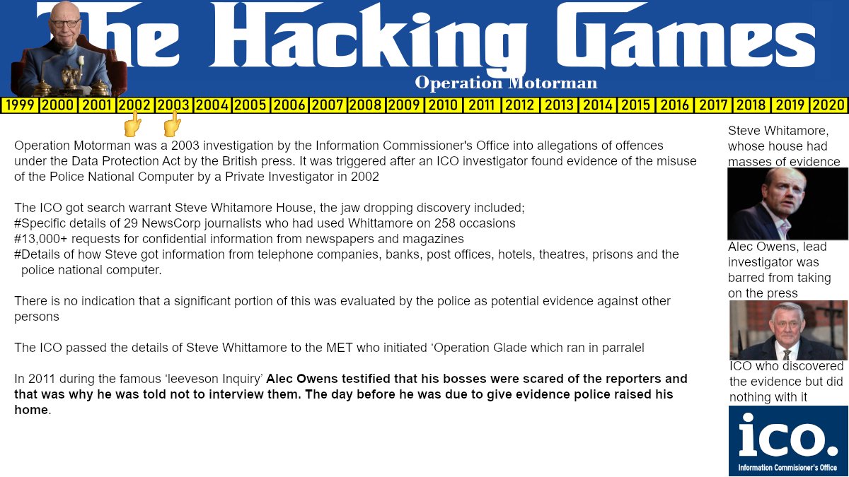 34. 𝐎𝐩 𝐌𝐨𝐭𝐨𝐫𝐦𝐚𝐧 investigation was triggered after an ICO investigator found evidence of the misuse of the Police National Computer by a Private Investigator in 2002. The Motorman inquiry found the evidence quickly but suspiciously took 3 yrs to write a report