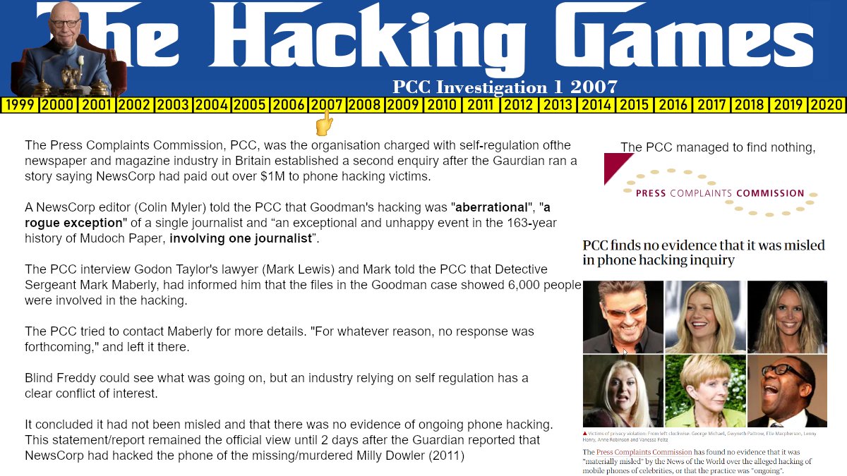 39. 𝐏𝐂𝐂 𝐈𝐧𝐯𝐞𝐬𝐭𝐢𝐠𝐚𝐭𝐢𝐨𝐧 𝟏 While many examples exist, this could be the undisputed champion of why ‘industry self-regulation” is useless. The Press Complaints Commission, (PCC) 𝐦𝐚𝐧𝐚𝐠𝐞𝐝 𝐭𝐨 𝐟𝐢𝐧𝐝 𝐧𝐨 𝐞𝐯𝐢𝐝𝐞𝐧𝐜𝐞 𝐨𝐟 𝐡𝐚𝐜𝐤𝐢𝐧𝐠.