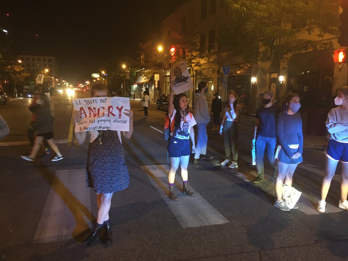 It started with black activists, Morris said. By the time I got there it was a racially diverse crowd. I’m no good at crowd estimation. But it was enough to fill a major intersection. We will say block-party size.
