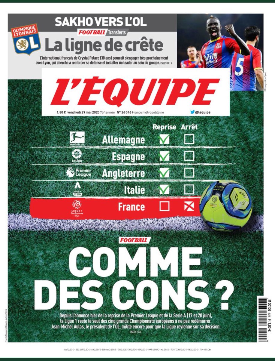 Il faut peut-être arrêter de parler des 5 grands championnats... La L1 est déjà à la traîne, elle le prouve encore et s'assure de le rester ! Bravo à nos décideurs <a href="/LFPfr/">Ligue de Football Professionnel</a> <a href="/FFF/">FFF</a> <a href="/Ligue1Conforama/">Ligue 1 Uber Eats</a> 

<a href="/PierreMenes/">Pierre Ménès</a> <a href="/vincentduluc/">vincent duluc</a> <a href="/lequipedusoir/">L'Équipe du soir</a> <a href="/JM_Aulas/">Jean-Michel AULAS</a> <a href="/mohamedbouhafsi/">Mohamed Bouhafsi</a>