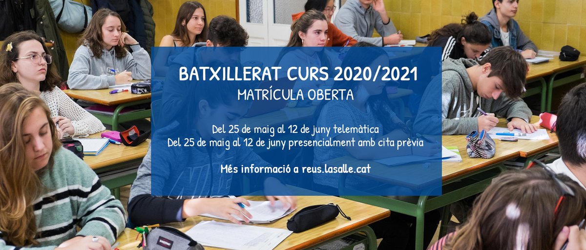 🔊  Ja està obert el termini per fer la matriculació telemàtica de Batxillerat pel curs 2020/2021.

A la web de l'escola hi trobareu tota la informació i la documentació que cal presentar.

📆  El termini acaba el divendres 12 de juny.

ℹ ow.ly/t4K730qJi4y