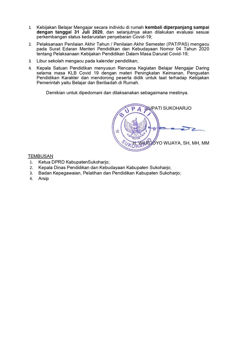 ppid_sukoharjo's tweet photo. Surat Bupati Sukoharjo Nomor : 420 / 1448 / 2020 tentang Penyelenggaraan Pendidikan dalam Rangka Pencegahan Penularan dan Penyebaran Infeksi Corona Virus Disease (Covid-19) di Kabupaten Sukoharjo
@ganjarpranowo
@provjateng
@kominfo_jtg
@ppid_jateng
#ppidskh
#JatengGayeng https://t.co/M7VhvwKSpY