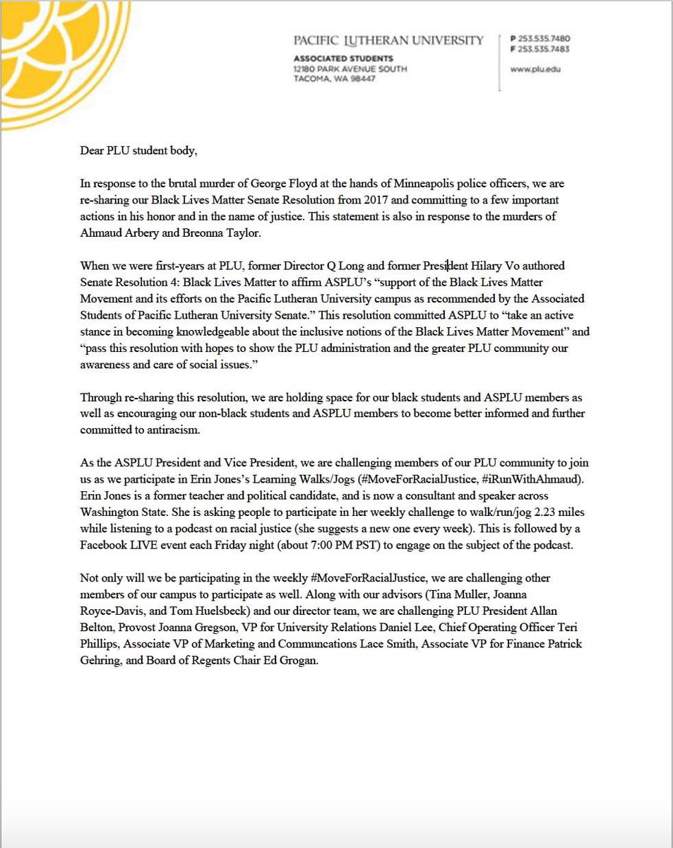 ASPLU_Lutes's tweet photo. This is a statement from the ASPLU President and VP regarding the murders of #GeorgeFloyd, #AhmaudArbery, #TonyMcDade, + #BreonnaTaylor. https://t.co/24ZnzKtAsO