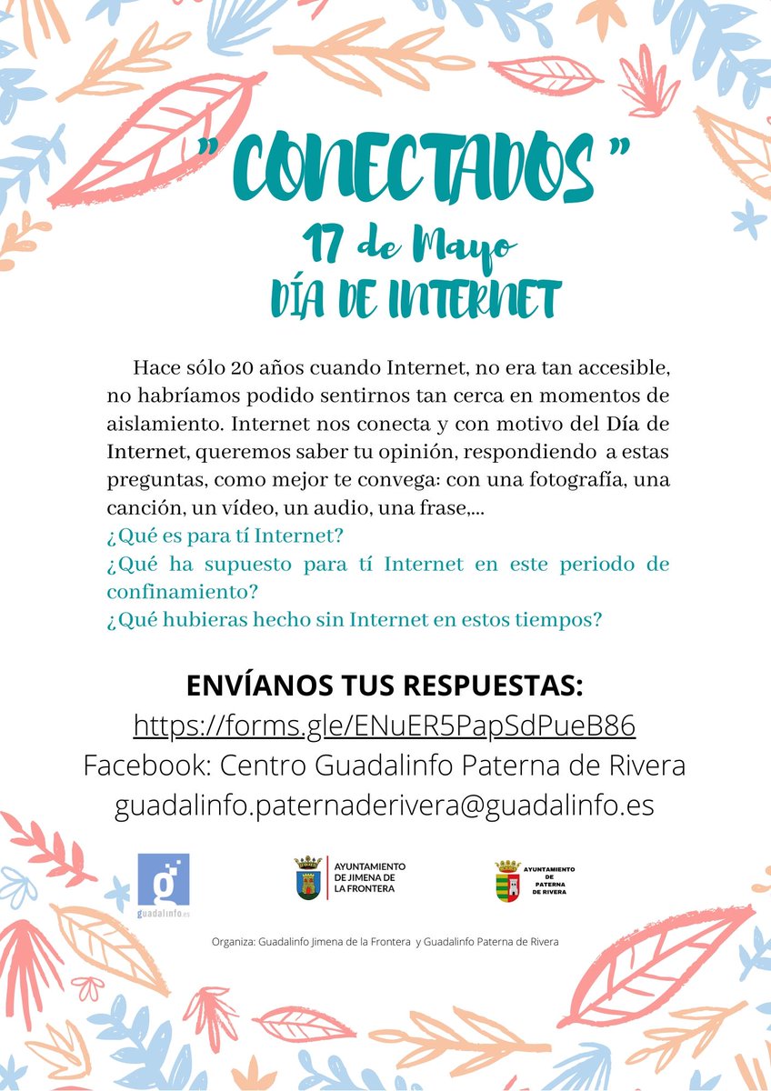 Hasta el 31 de Mayo. Queremos saber ¿Qué es para tí #internet ? ¿Qué ha supuesto para tí #internet durante el confinamiento? ¿Qué hubieras hecho sin #internet?
<a href="/GPaternaderiv/">CG Paterna de Rivera</a> <a href="/GuadalinfoJime1/">Guadalinfo Jimenafra</a> #conectadosguadalinfo #GuadalinfoPaternadeRivera #guadalinfojimenadelafrontera