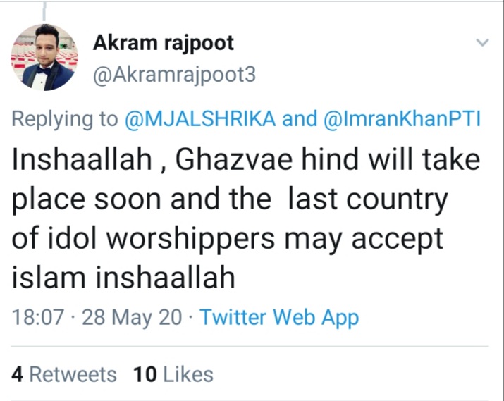 Dear  @Uppolice, this person is from Khurja & living in Noida is talking about Gazwa-e-Hind. Supporting the Pakistan PM & Kuwaiti Bigot  @MJALSHRIKA who is harassing hindus in Gulf. Kindly take action.  @noidapolice We can't tolerate this.Tweet Link:  https://twitter.com/Akramrajpoot3/status/1265985450549874688?s=19  https://twitter.com/Akramrajpoot3/status/1265985450549874688