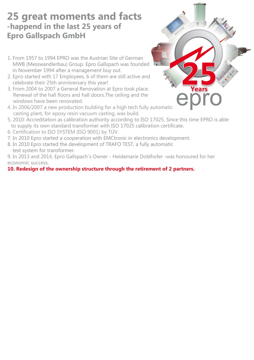 EproGmbh's tweet image. 25 great Moments &amp;amp; Facts:
#10: Redesign of the ownership structure through the retirement of 2 Partners. #epro #25greatmomentsandfacts #highstandardsinhighvoltage