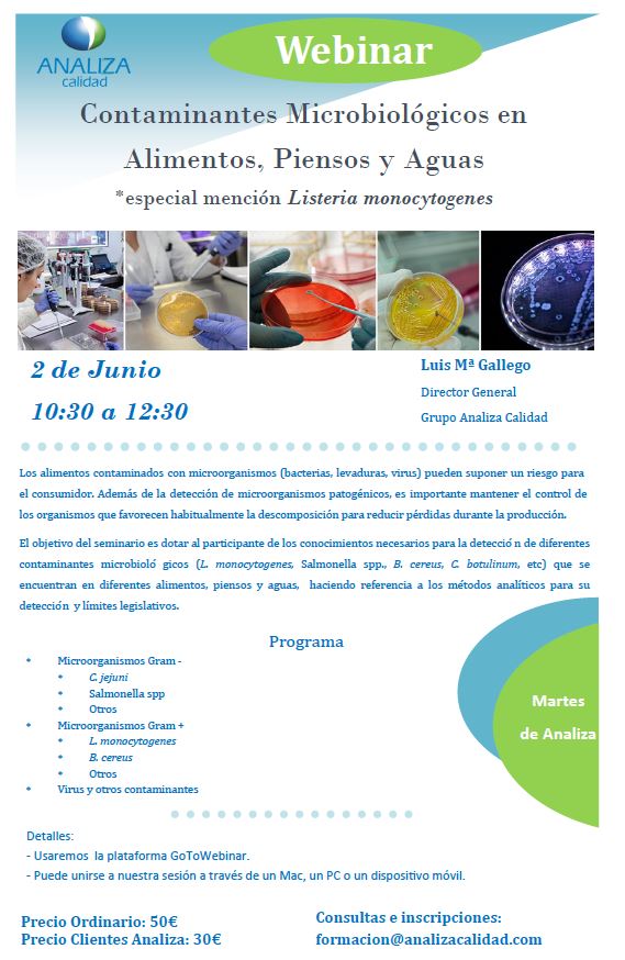 AnalizaCalidadM's tweet photo. No te pierdas el seminario web programado para el 2 de Junio.
Contaminantes Microbiológicos en Alimentos Piensos y Aguas dirigido por Luis Mª Gallego
Mas info: formacion@analizacalidad.com
#MartesdeAnaliza
#Contaminantes #microbiologicos #listeria https://t.co/BgrNZ7txjk
