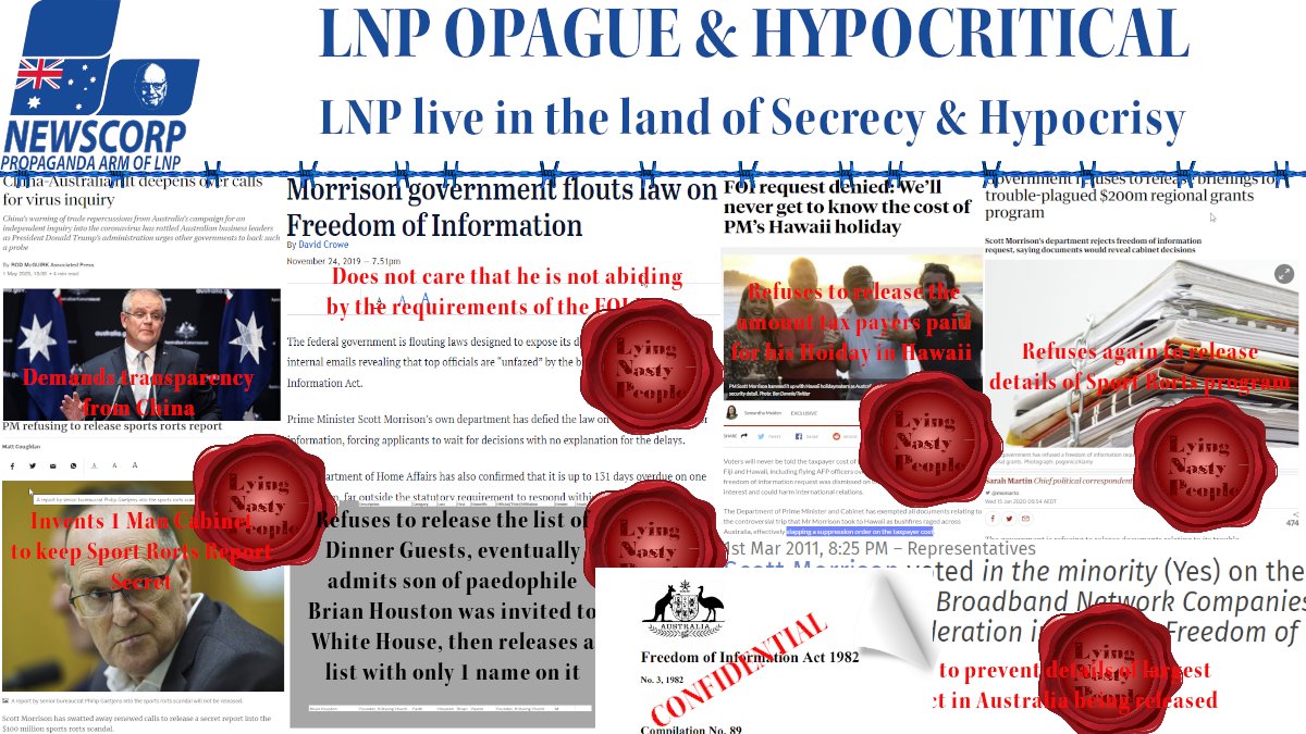 98. The LNP Demanding transparency from China but establishing a culture of rejecting FOI requests as standard practice and then there was the most obscene creation for a democracy, the One Man Cabinet, now anything can be declared cabinet in confidence.