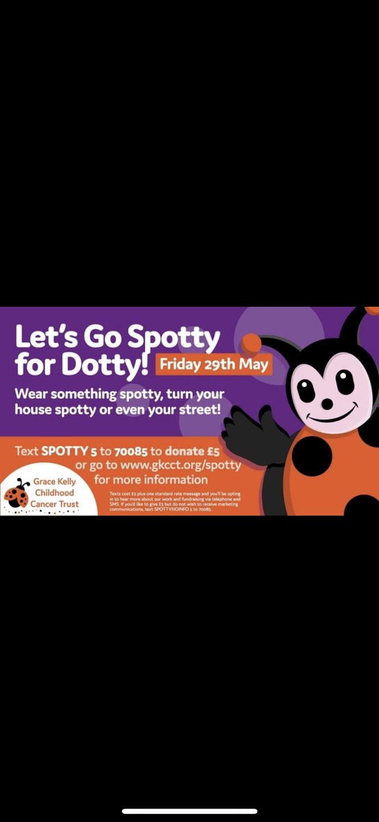 Time to go SPOTTY FOR DOTTY - raising funds for the Grace Kelly Childhood Cancer Trust. I have just donated with many other worcestershire businesses - text Spotty5 to 70085 to donate £5. 
#spottyfordotty #gracekellychildhoodcancertrust #worcestershirenetworking #sterlingnetworks