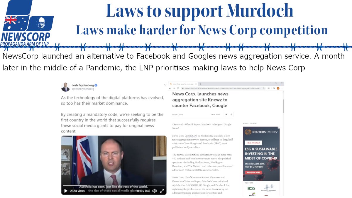 104. The LNP have changed laws, attacked the ABC, created grant, gifted money all to help News Corp. In Feb LNP said it would introduce laws against Facebook & google 2 make them pay 4 presenting news headlines. Coincidentally News Corp launch a competing service the month before