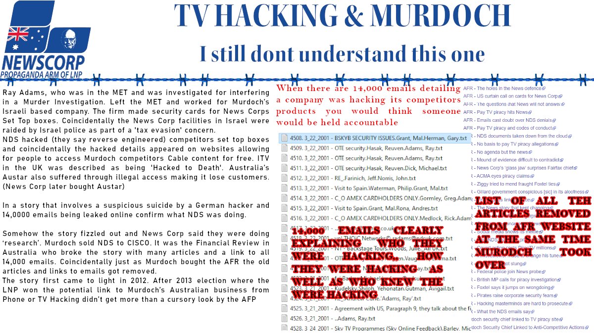 114. We still don’t know what happened with the Hacking of Set Top Boxes in Australia, or the rest of the world. 14,000 email showed a News Corp subsidiary hacking all over the world including Australia. But the story didn’t seem keep going.