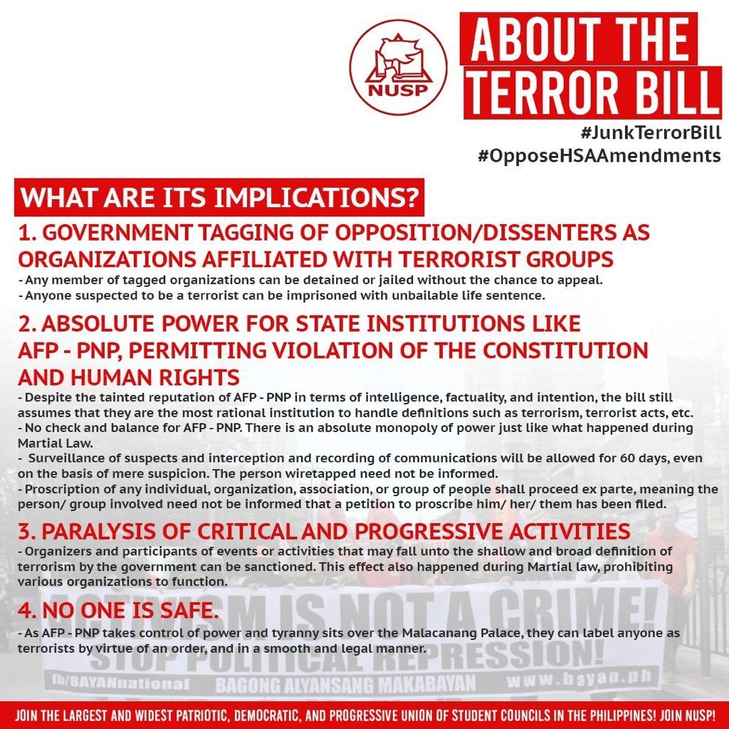 as most of you know that the Philippines' government are discussing on passing the terror bill.the bill would arrest anyone showing signs of "terrorism" without a chance to appeal. THIS IS TAKING AWAY OUR BASIC HUMAN RIGHT OF FREEDOM OF SPEECH.  #JunkTerrorBill