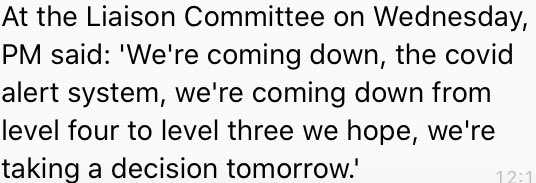 Downing Street Daily Briefing 

Government was unable to reduce Coronavirus threat level below 4. Boris Johnson signalled on Wednesday it was likely to be reduced to 3, but the Joint Biosecurity Unit did not agree to this yesterday.

Lockdown lifting goes ahead nevertheless