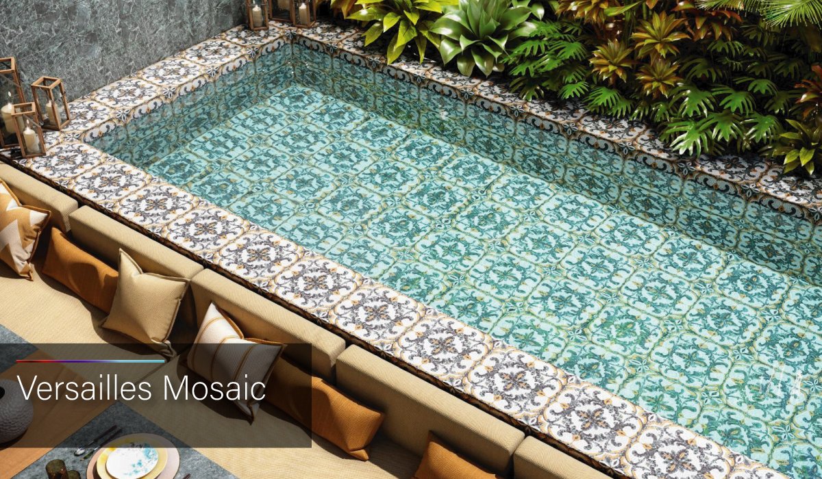 Why settle for an inflatable paddling pool!?!  Imagine enjoying this Moroccan inspired pool featuring our Versailles Mosaic tiles...