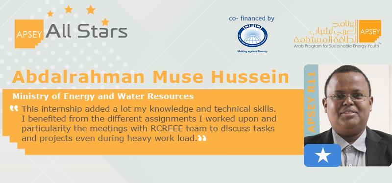 RCREEE's tweet photo. Meet our #APSEY alumnus,Abdalrahman from #Somalia. Abdarlhaman joined #APSEY R11. During his internship, he supported many projects inculding the preparation of monitoring protocol indicators for Arab Sustainable Energy Strategy.More: https://t.co/Q0bpmbQuct #ASPEY #All_stars https://t.co/bhdrpgtOFi