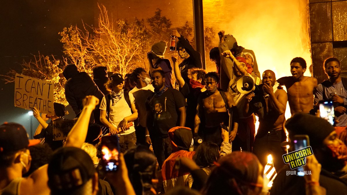 Hundreds took to the streets in South  #Minneapolis last night to show their disapproval for the recent killing of an unarmed Black man.Many gathered in front of a burning  #3rdPrecinct building — the former place of employment of the MPD officers who killed  #GeorgeFloyd.