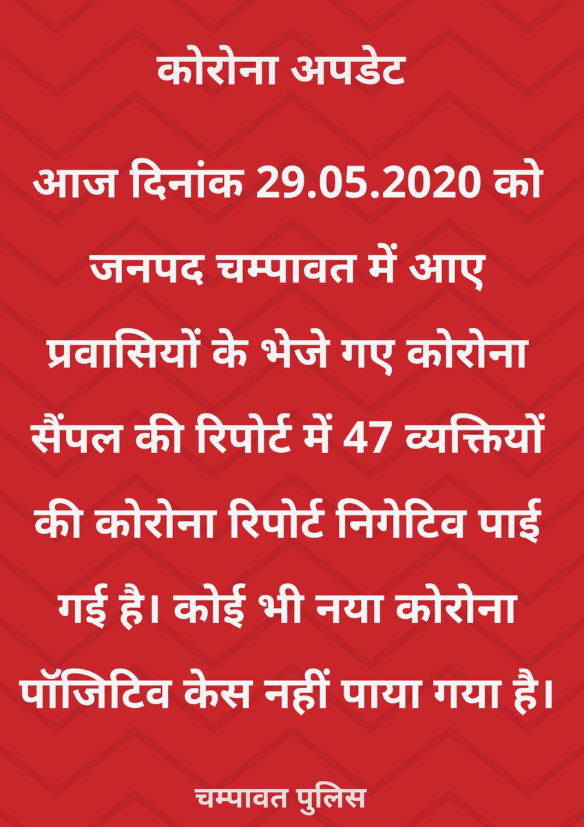 Champawatpolice's tweet photo. जनपद चम्पावत के 47 व्यक्तियों की #कोरोना #रिपोर्ट #नेगेटिव पाई गई https://t.co/JzpncguYf9