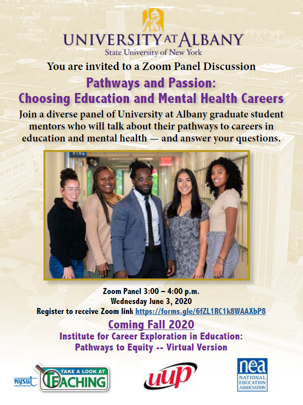 UAlbanyEdu's tweet photo. 6/3 Join a diverse panel of @ualbany graduate student mentors who will talk about their pathways to careers in  #education and #mentalhealth — and answer your questions. Register to receive the Zoom link at https://t.co/Mm7GW3colO. https://t.co/1UCWiIN6zI