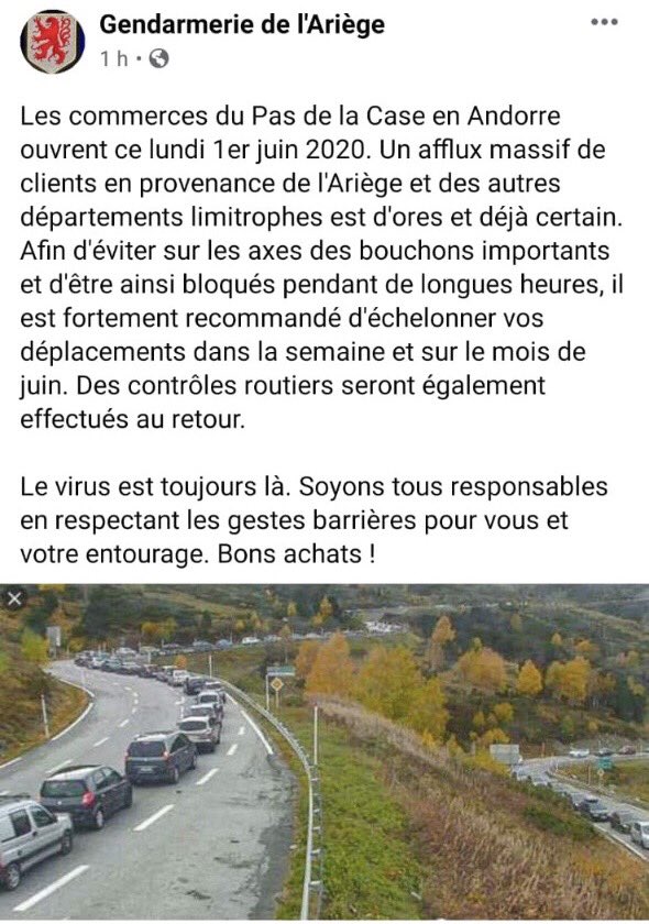 Quina alegria llegir a la gendarmerie de l’Ariège desitjant “bones compres” als nostres visitants francesos veins. I avisant de la vinguda de molts visitants amb la reobertura de la frontera. Bona noticia per al Pas de la Casa i Andorra en general. Merci!