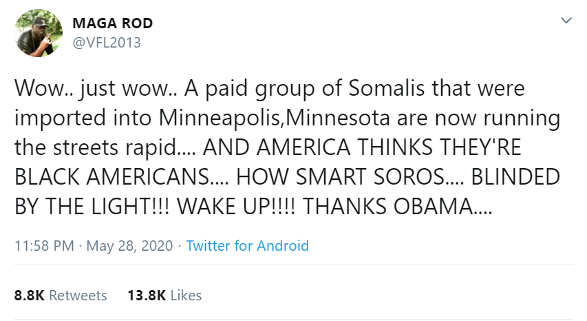 A group of "Soamlis" paid by Mr Soros were in Minneapolis. "Civil war" on behalf of Mr Soros. George Floyd's death was a "Soros-sanctioned hit". We've seen all of these conspiracy theories about Mr Soros before...