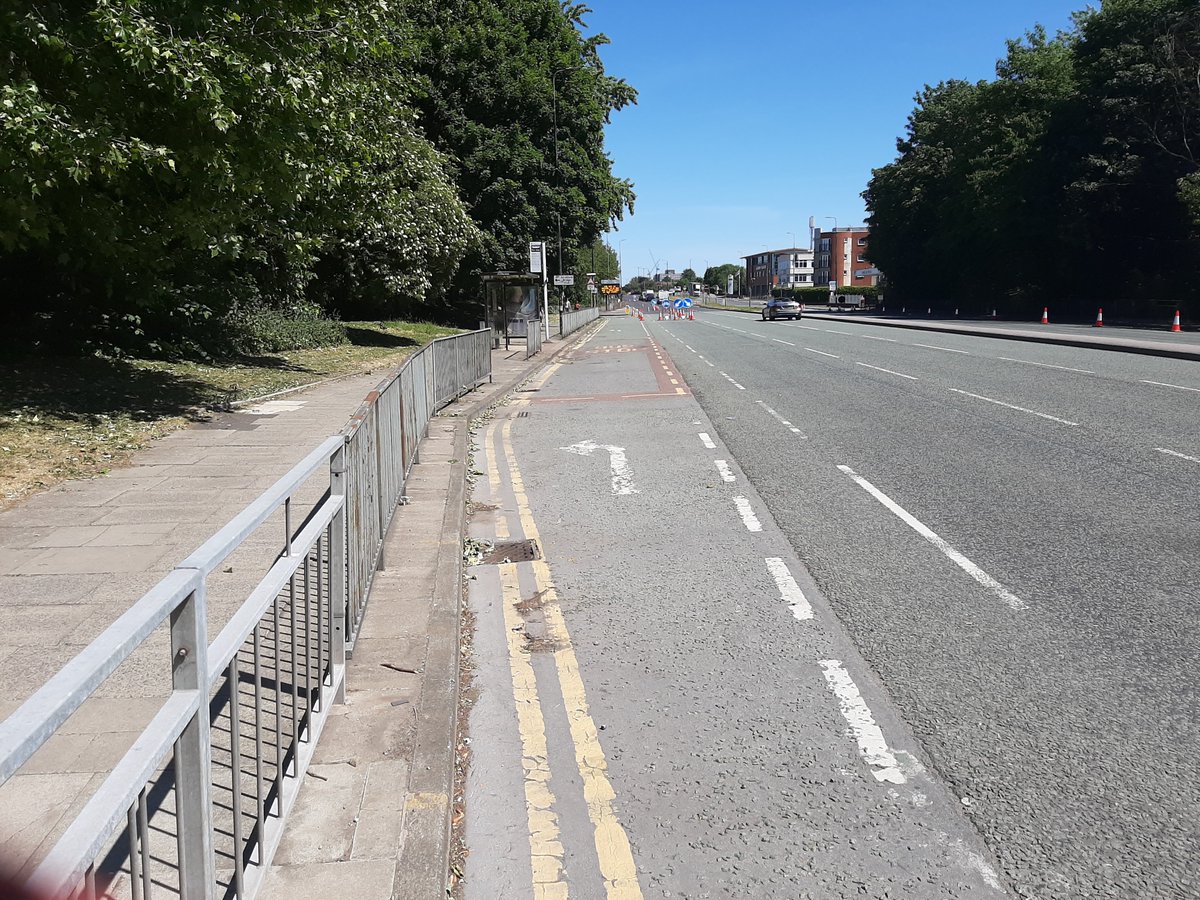 From Stretford Mall to Old Trafford the lane is more or less continuous. It breaks for bus stops and side roads - fair enough: not a lot you can do about that with cones.