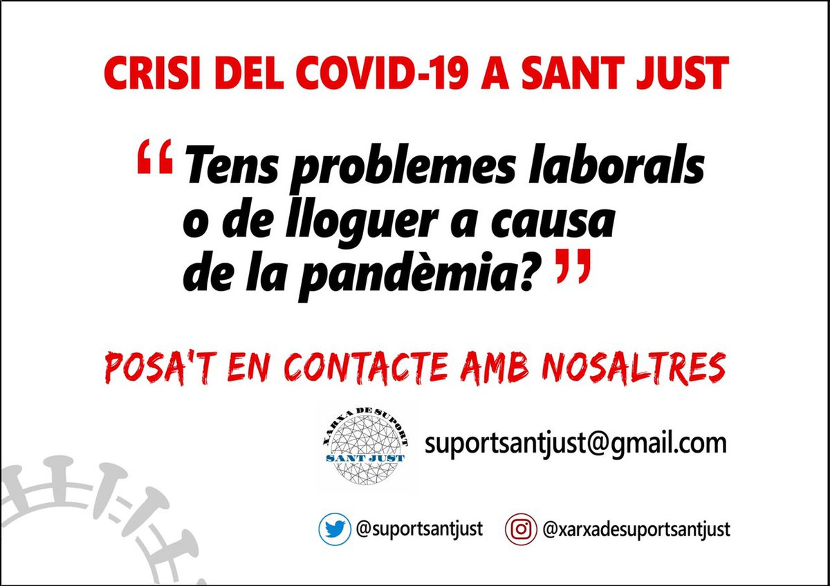 Durant aquets dies hem estat atenent problemàtiques laborals👷🏼‍♂️👩🏽‍🏭 i de lloguer 🏘️a causa de la pandèmia🦠.
Si aquest és el teu cas, posa't en contacte amb nosaltres!🤝