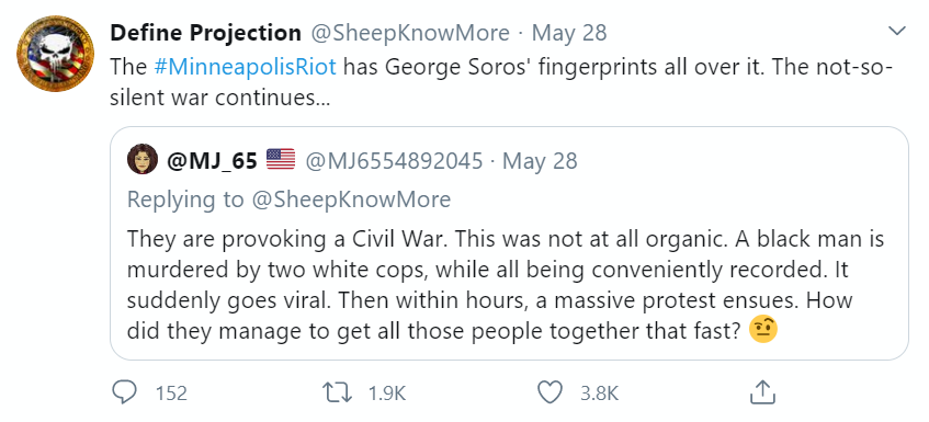 A group of "Soamlis" paid by Mr Soros were in Minneapolis. "Civil war" on behalf of Mr Soros. George Floyd's death was a "Soros-sanctioned hit". We've seen all of these conspiracy theories about Mr Soros before...