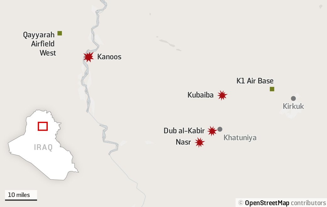 In Kirkuk province, several such missions occurred/month in late 2018/early 2019. No media were allowed to join. Usually, they took place at night. My reporting is based on interviews with dozens of civilians and security personnel, with a focus on 4 raids (marked in red below)