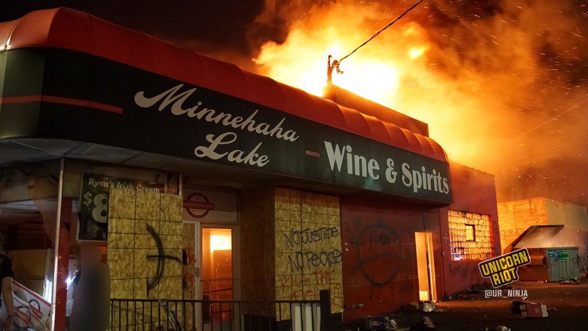 Slides 11–12: Minnehaha Lake Wine & Spirits, which was broken into on the first night of  #GeorgeFloydProtests.After the corner building was set on fire tonight, people warned others on the ground to watch out for the smoldering electrical pole and then the burning power wires.