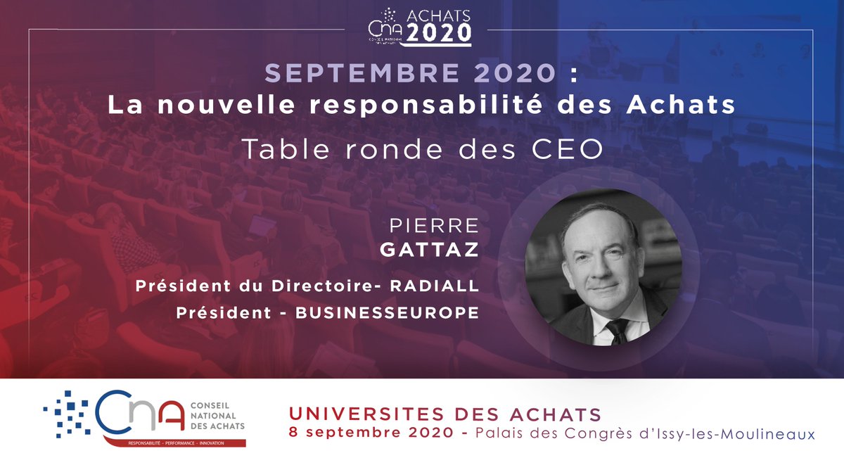 CNA - Conseil National des Achats (@cnaachats) on Twitter photo Les Universités des Achats auront l'honneur d'accueillir <a href="/PierreGattaz/">Pierre Gattaz</a>, Président du Directoire de Radiall et Président de BusinessEurope, qui viendra partager sa vision et sa compréhension globale du marché sur lors de la table ronde des CEO !
#UDA2020 #Achats #Responsabilité Les Universités des Achats auront l'honneur d'accueillir <a href="/PierreGattaz/">Pierre Gattaz</a>, Président du Directoire de Radiall et Président de BusinessEurope, qui viendra partager sa vision et sa compréhension globale du marché sur lors de la table ronde des CEO !
#UDA2020 #Achats #Responsabilité