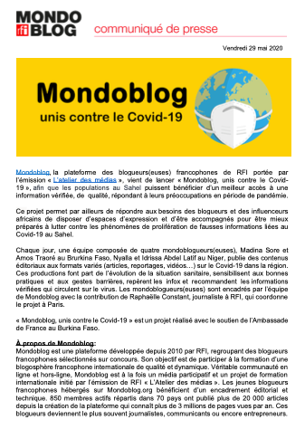 RFI_Presse's tweet photo. 📻😷@mondoblog, la plateforme des blogueurs(euses) francophones de @RFI, lance « Mondoblog, unis contre le Covid-19 », pour donner aux populations du Sahel un meilleur accès à une information vérifiée sur la pandémie et lutter contre les infox au Sahel. https://t.co/K7uQxVDnER