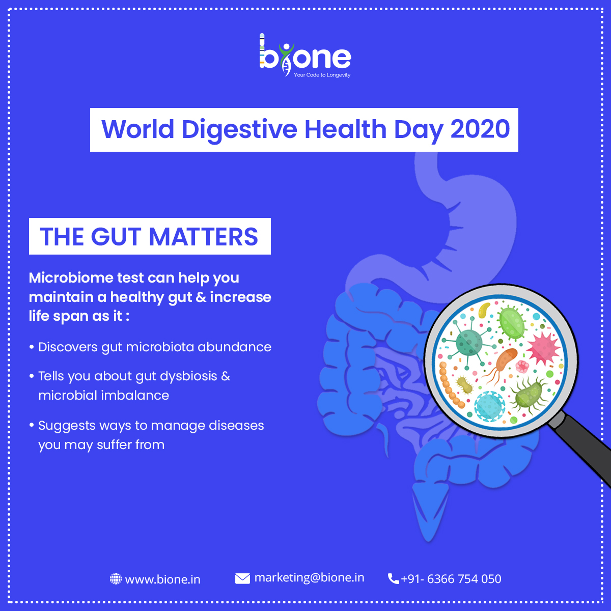 Bioneglobal's tweet photo. World Digestive Health Day 2020- Gut Microbiome: A Global Perspective
is focussed on inculcating awareness on prevention, prevalence, diagnosis, management and treatment of gut concerns, globally.
#Bione #MicrobiomeTest #Healthylife #WorldDigestiveHealthDay https://t.co/9qUKnUiBpd