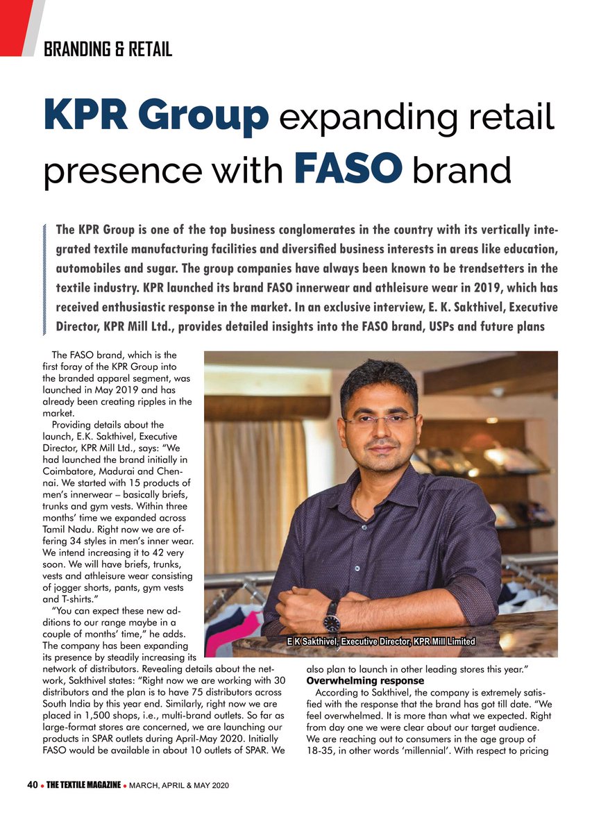 FasoClothings's tweet photo. FASO team is very happy to share the Article about FASO and Exclusive Interview of our ED Mr. E.K .Sakthivel. Featured in "The Textile Magazine" March, April & May 2020 Edition.
#TheTextileMagazine #fasoclothings #NewFeelOfLuxury #organiclifestyle https://t.co/KBvM1DPAFi
