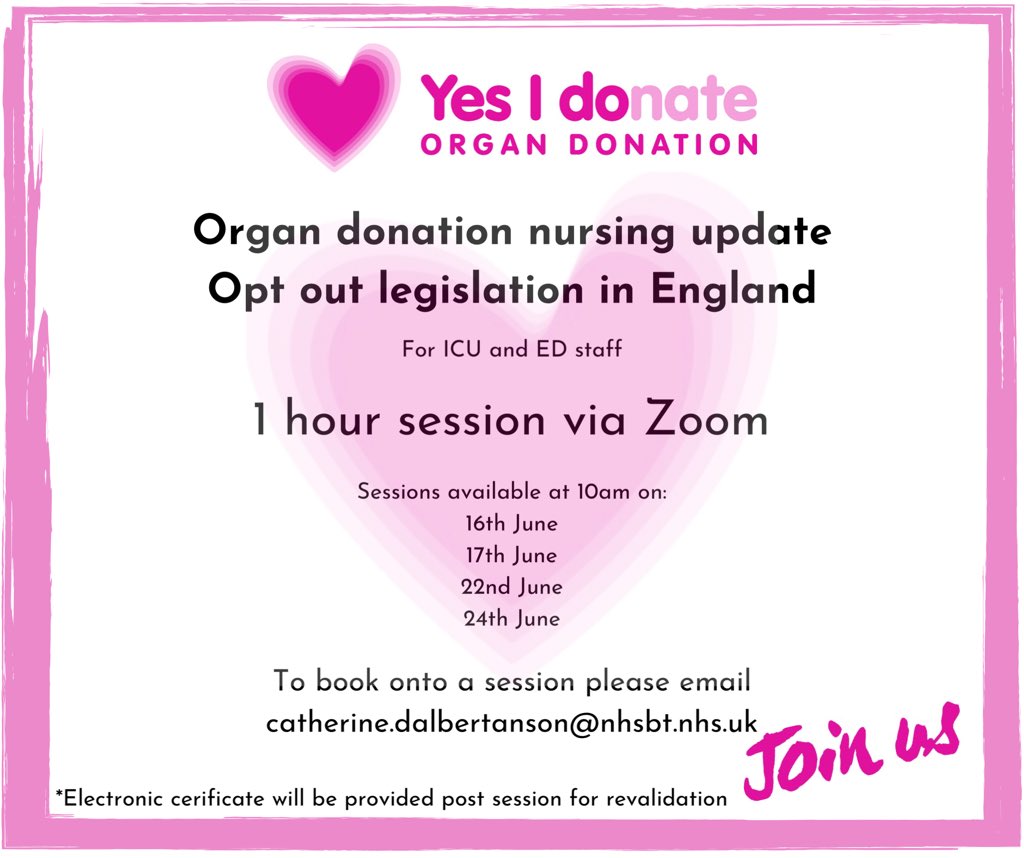 📣ICU and ED Nurses❗️
The law on organ donation has changed in England as of 20th May. Want to know more?
See below for details of FREE online learning powered by @zoom_us 
Please share with your colleagues 💗#OrganDonation #YesiDonate #Savinglives <a href="/BACCNUK/">BACCN 💙</a> <a href="/theRCN/">The RCN</a>
