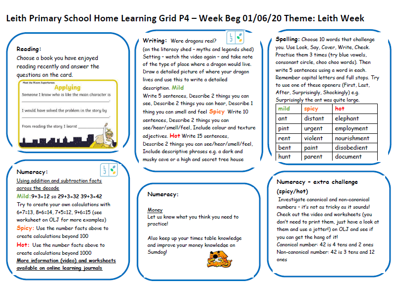 LeithP41's tweet photo. Hello P4! Here is next week's Home Learning Grid w/b 01.06.20. It's Leith Week and we're looking forward to seeing your creations and talents😀 @Leith_Primary https://t.co/PD07DuAvKx