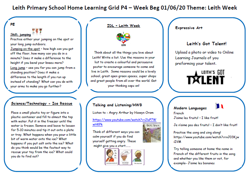 LeithP41's tweet photo. Hello P4! Here is next week's Home Learning Grid w/b 01.06.20. It's Leith Week and we're looking forward to seeing your creations and talents😀 @Leith_Primary https://t.co/PD07DuAvKx