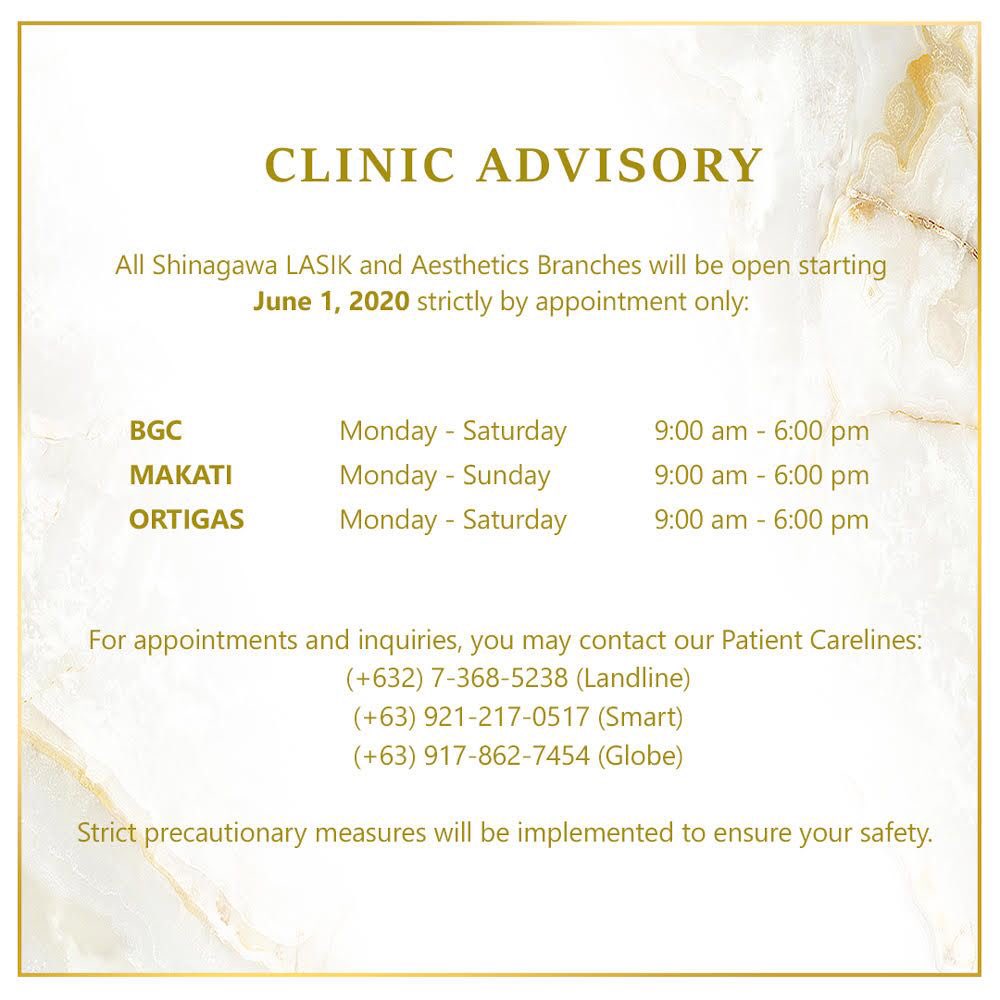 You can now schedule your needed eye treatments and check-ups in all our branches starting June 1, 2020.⠀ ⠀ Our updated clinic schedules and available treatments are as follows: