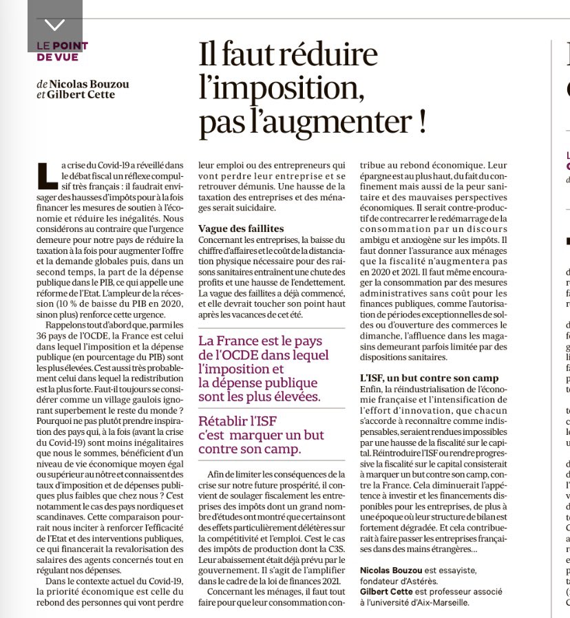 nbouzou's tweet photo. Dans Les Échos, @GilbertCette et moi nous expliquons que pour maximiser la reprise et minimiser les pertes d’emplois, il faut réduire les impôts et non pas les augmenter. https://t.co/qHKmXXEk5v